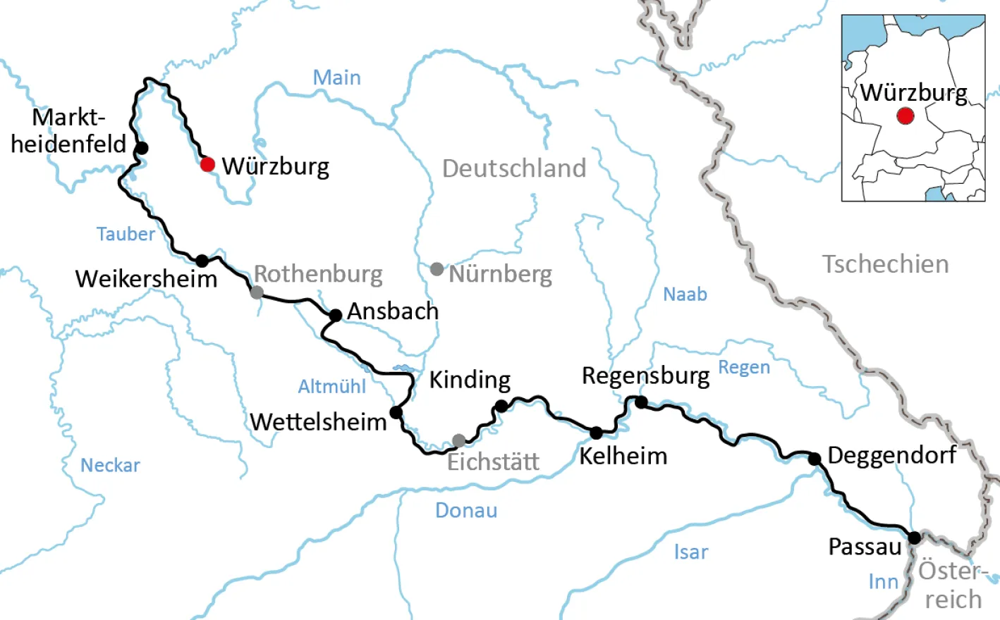 Map for the cycle tour from Lower Franconia to Lower Bavaria