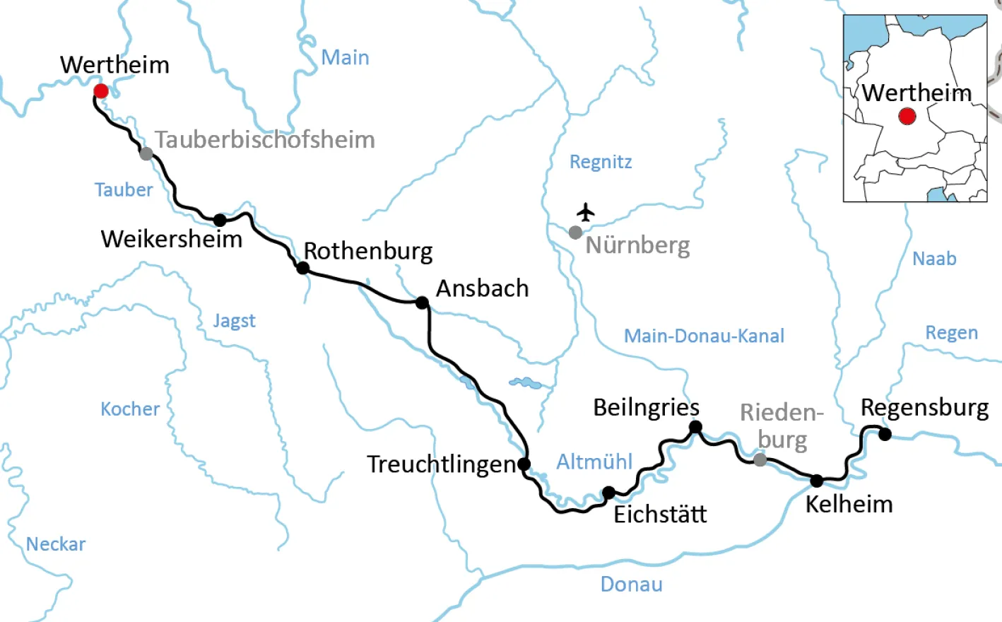 Map of the Tauber and Altmühl cycle paths