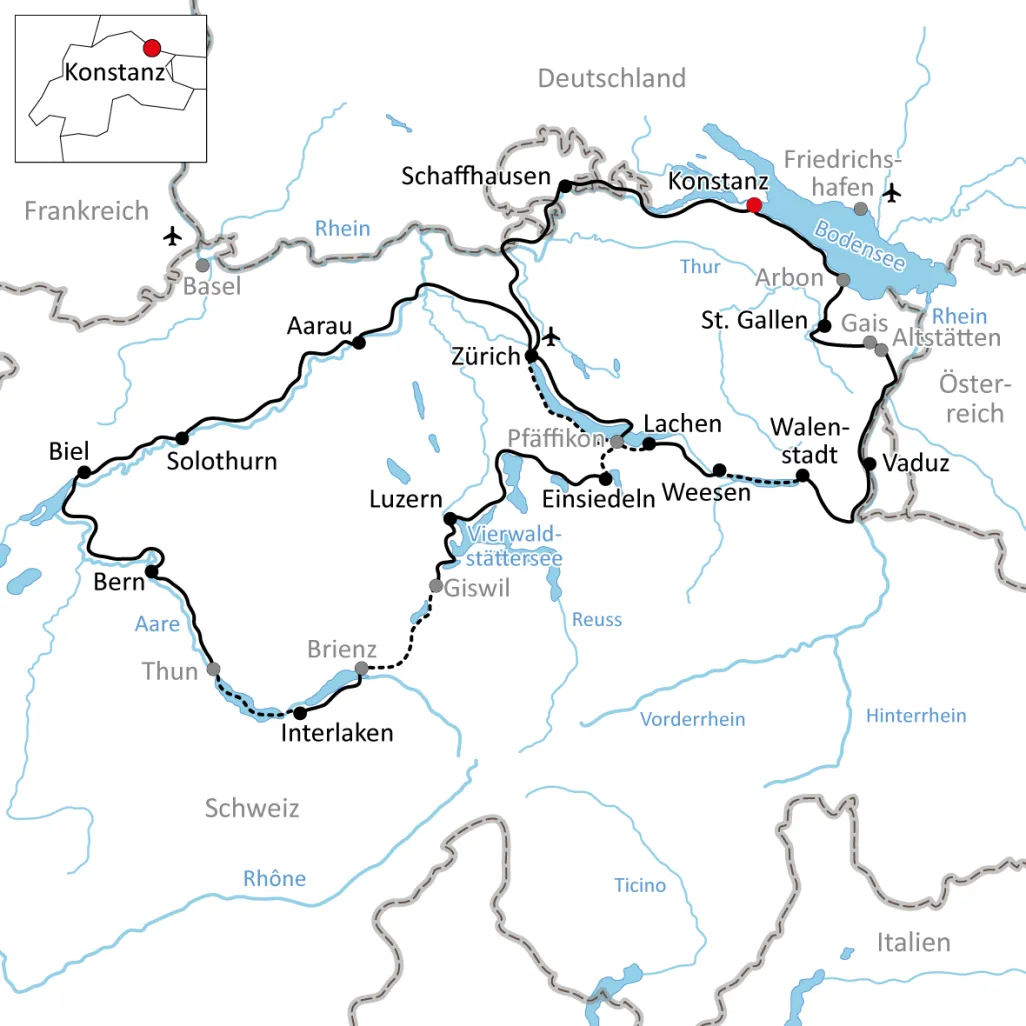 Map for a cycling vacation in Switzerland