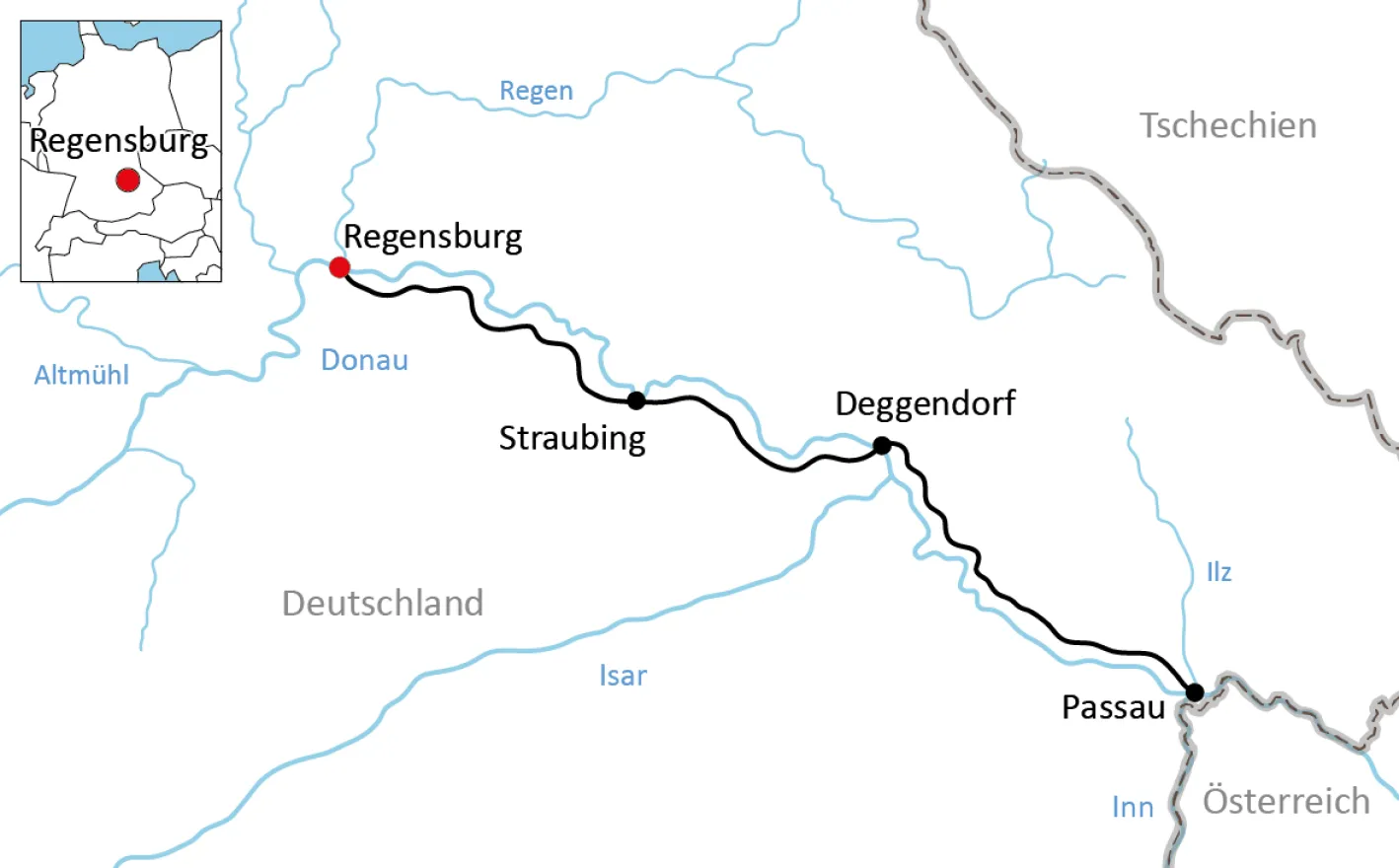 Map for the cycle tour from Regensburg to Passau