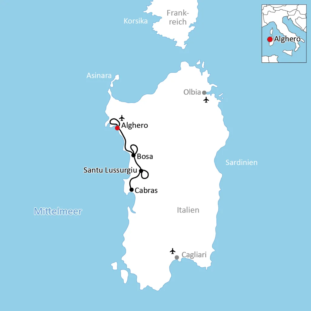 Map of the Sardinia cycle tour on the west coast