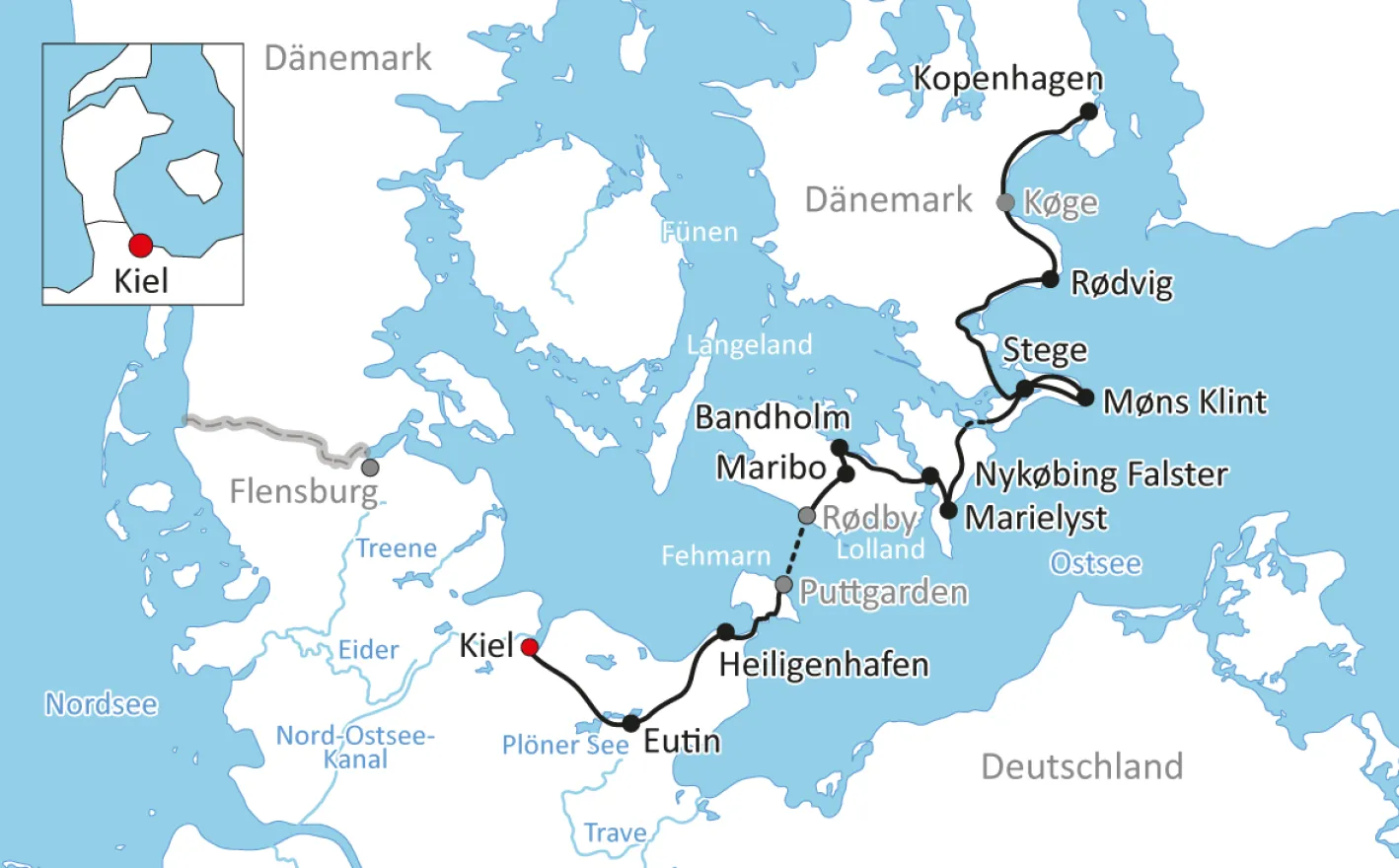 Map cycle tour from Kiel to Copenhagen
