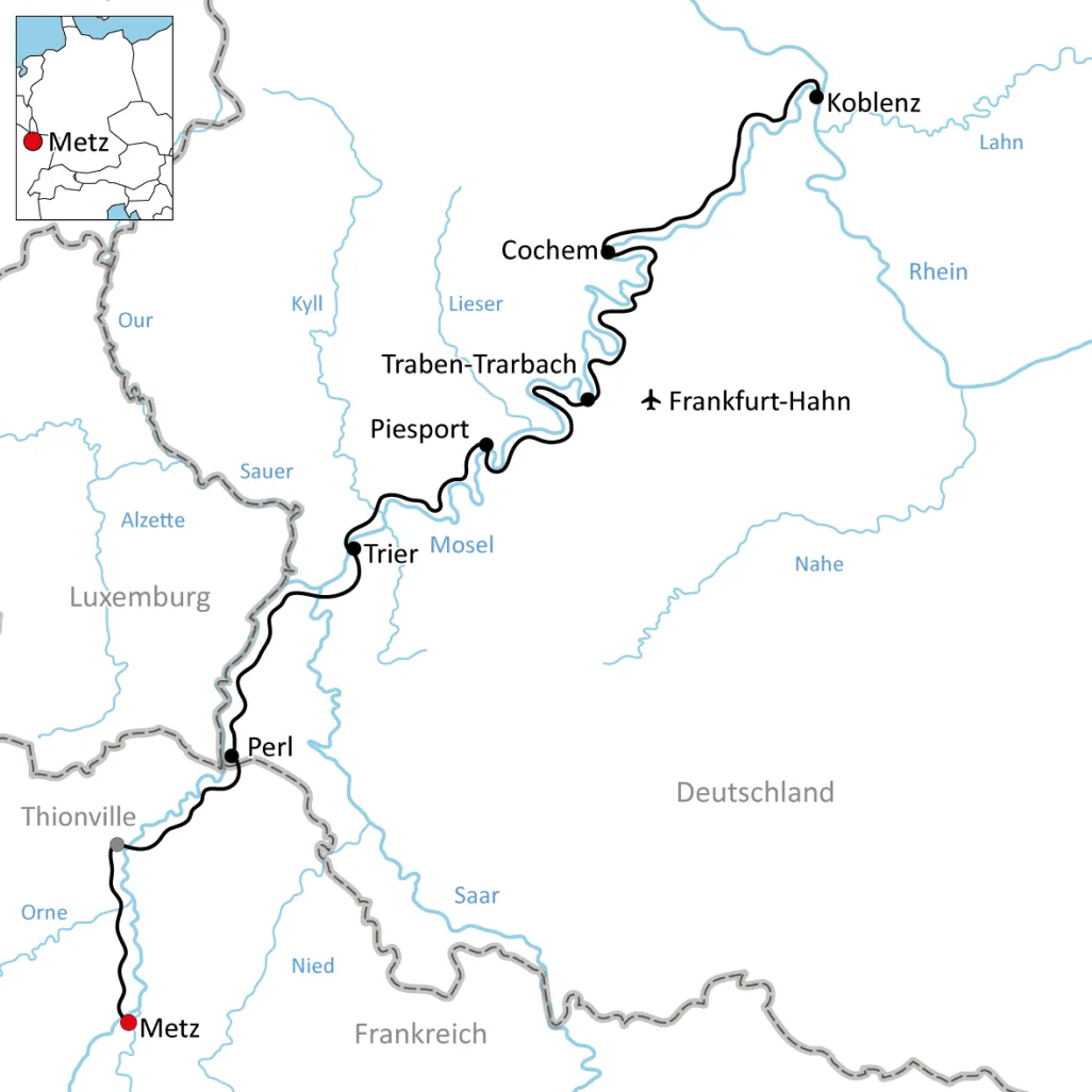 Map for your Cycle tour along the Moselle from Metz to Koblenz